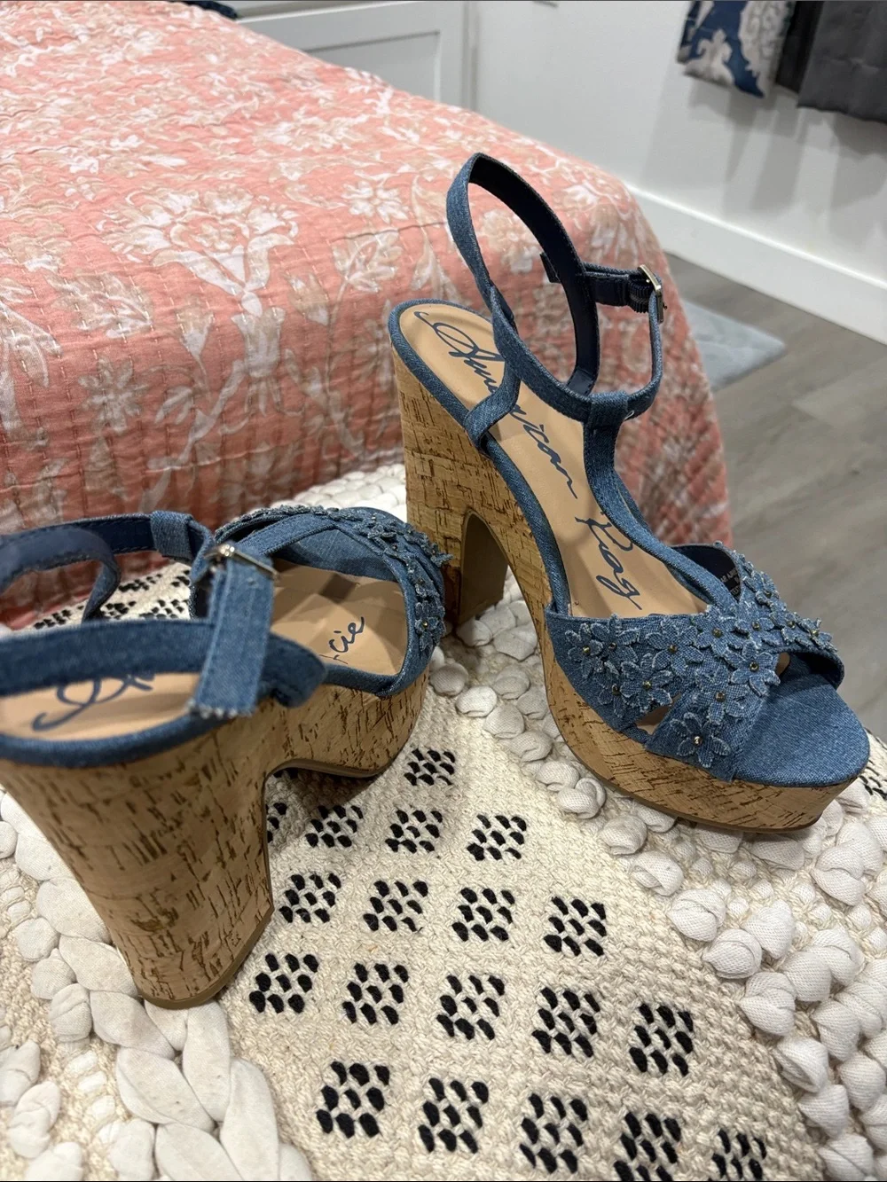 American Rag Denim Floral Cork Platform Sandals - Blue
